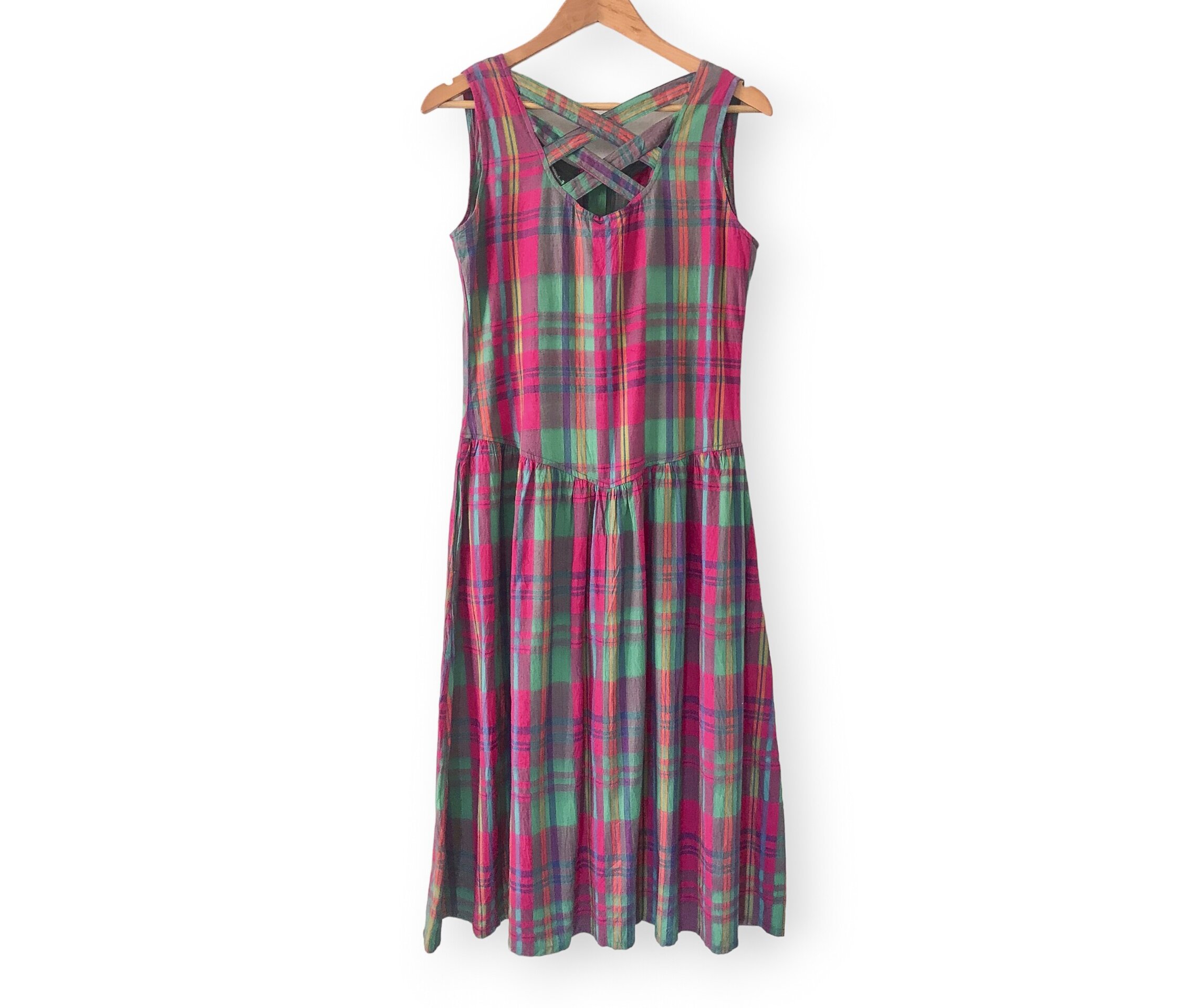 Checks Vintage Cotton Dress - Fuchsia / Green - 2