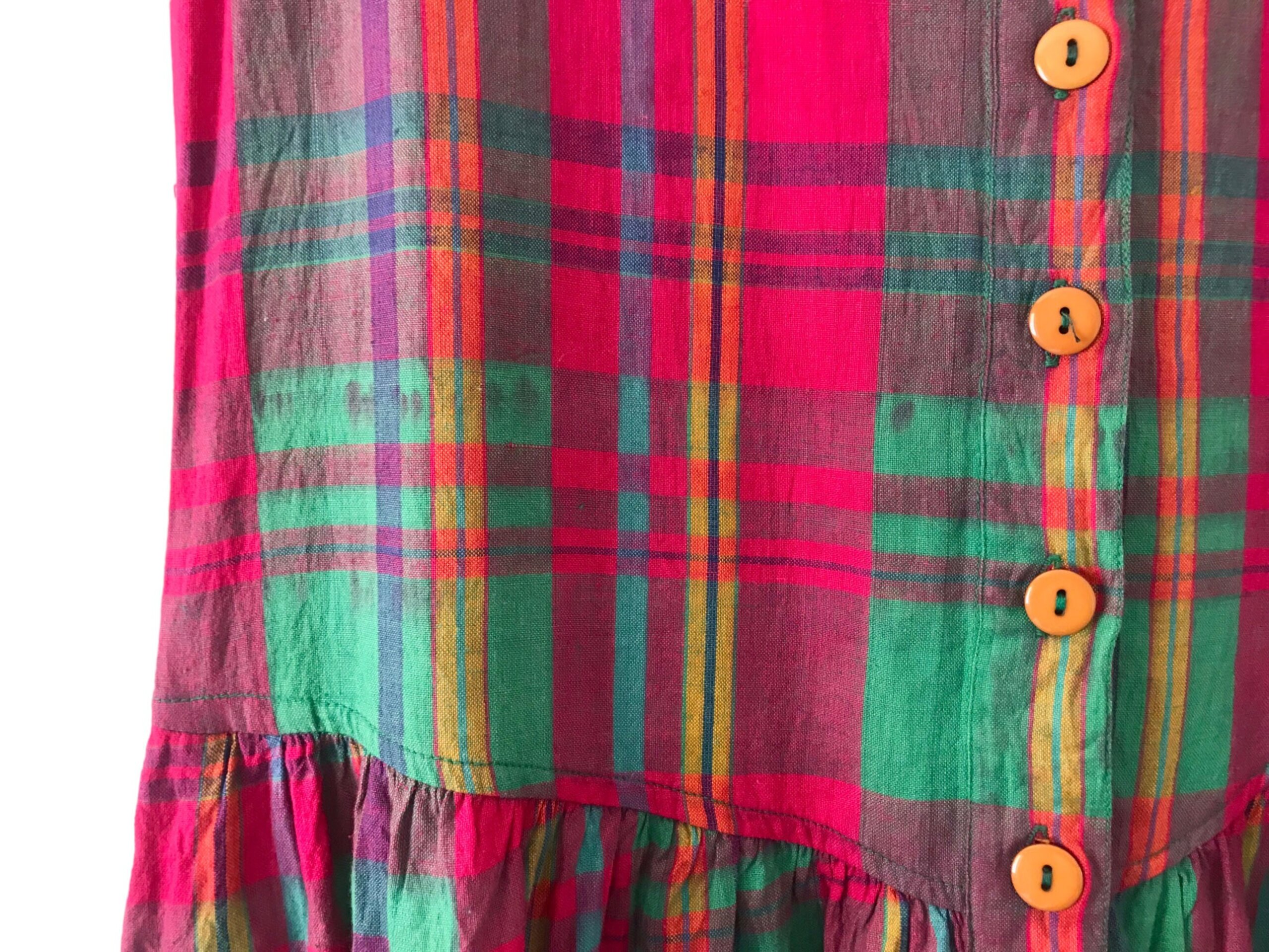 Checks Vintage Cotton Dress - Fuchsia / Green - 7