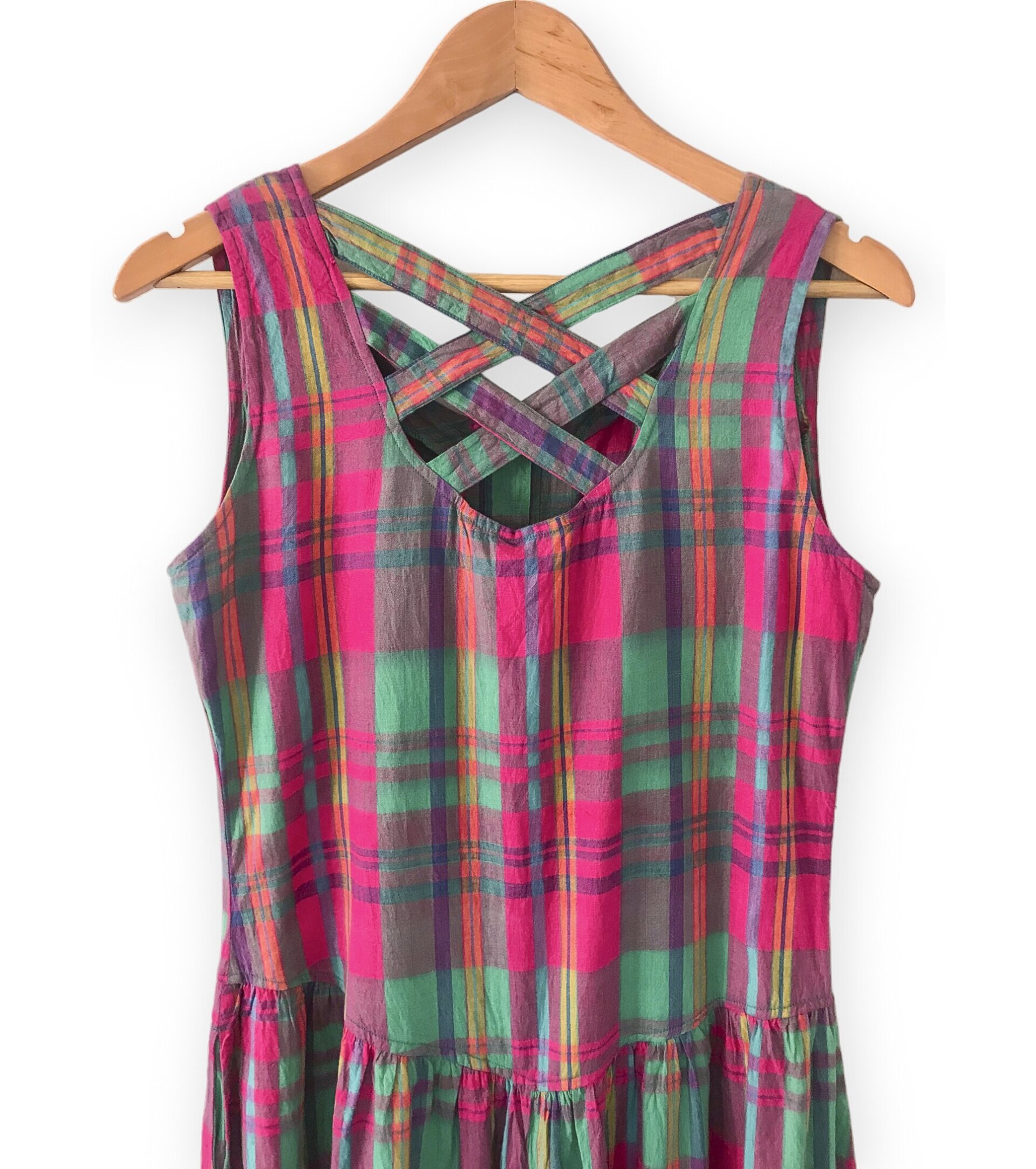 Checks Vintage Cotton Dress - Fuchsia / Green - 4