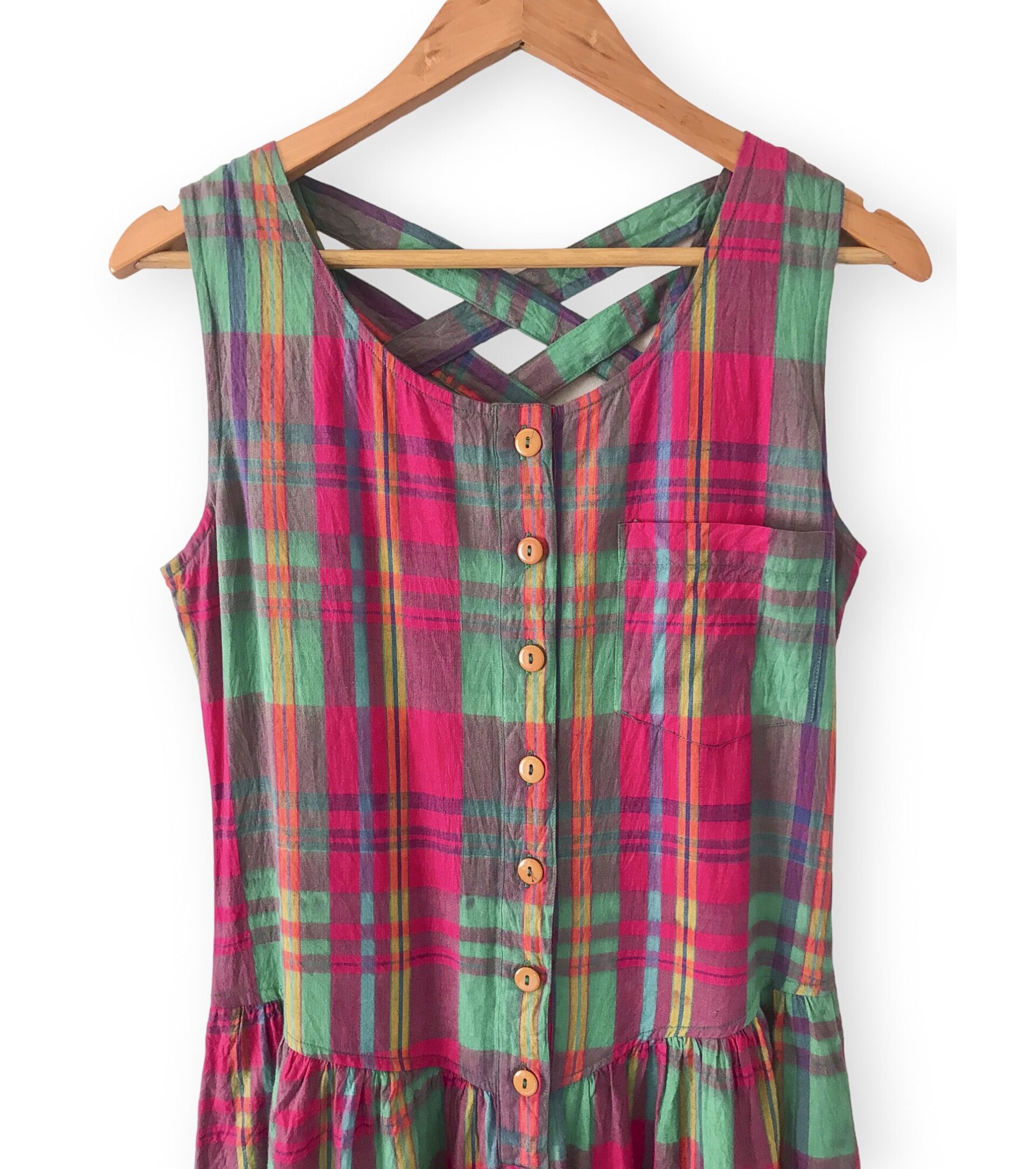 Checks Vintage Cotton Dress - Fuchsia / Green - 3