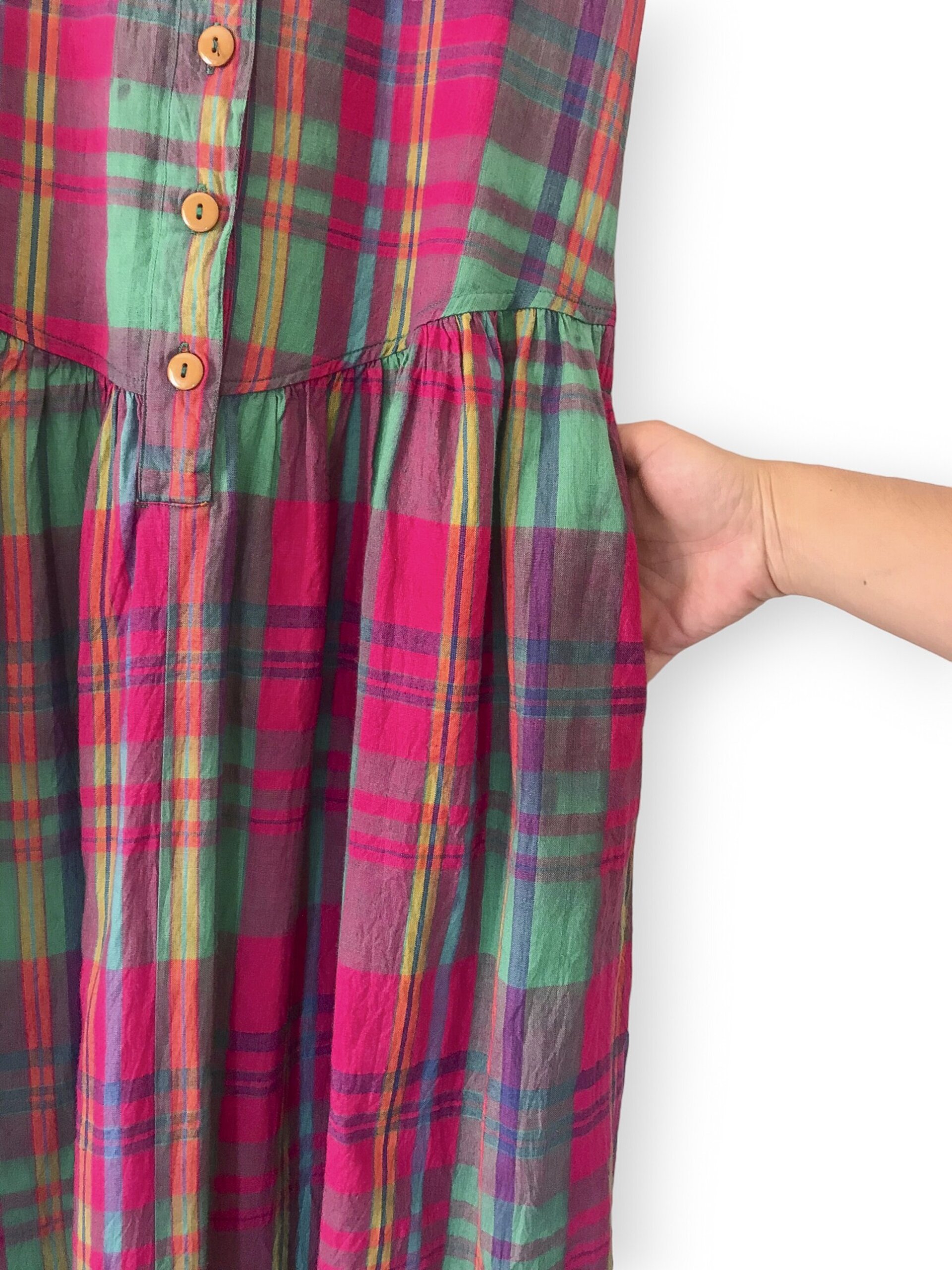 Checks Vintage Cotton Dress - Fuchsia / Green - 5