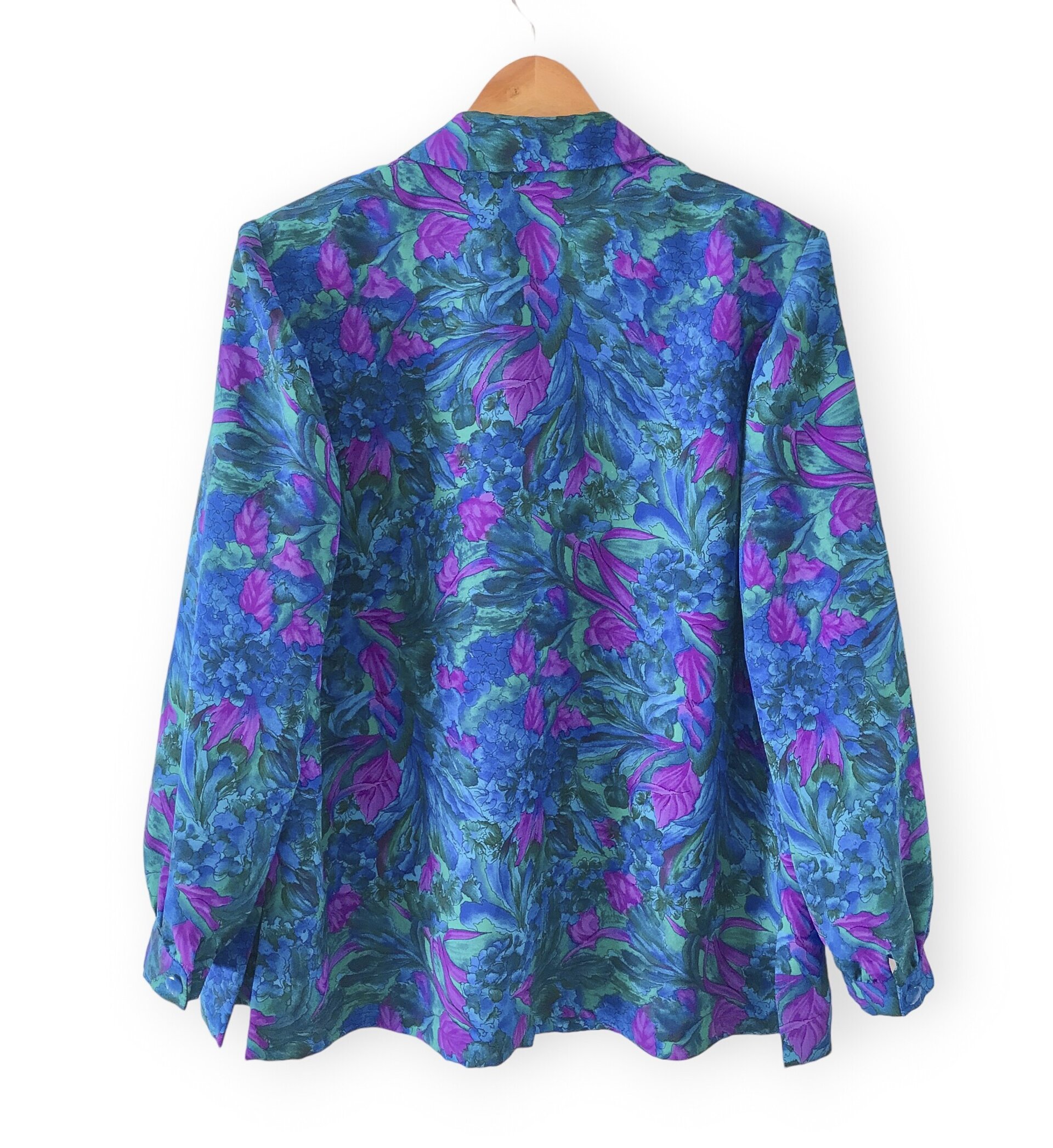 Flower Print 80s Blouse - Blue / Purple / Green - 2